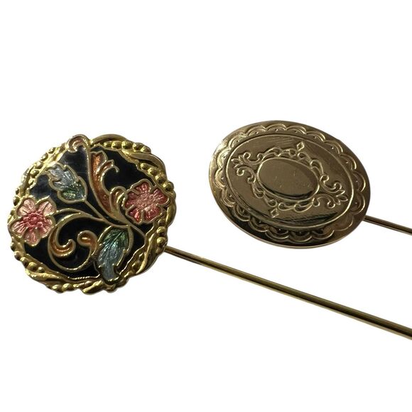 Vintage Stick Pin Set Cloisonné Floral Gold Tone + 1/20 12K GF Engraved Locket - Picture 4 of 8